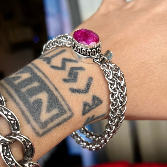 Genuine pink indian ruby gemstone stainless steel double chain boho bracelet - Picture 10 of 15